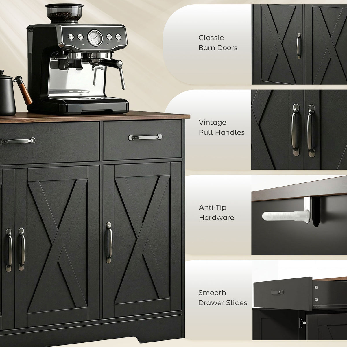 Farmhouse Kitchen Cabinet with 4 Barn Doors – 55"W x 32"H