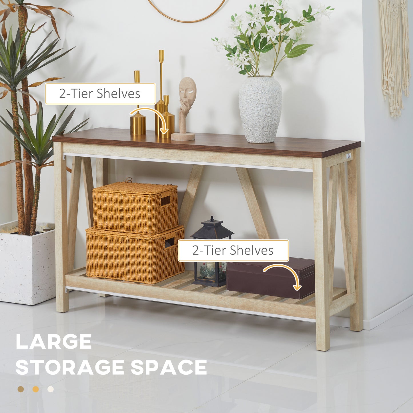 HOMCOM Farmhouse Console Table: Rustic Storage Shelf, Sofa Entryway Accent, Oak Finish