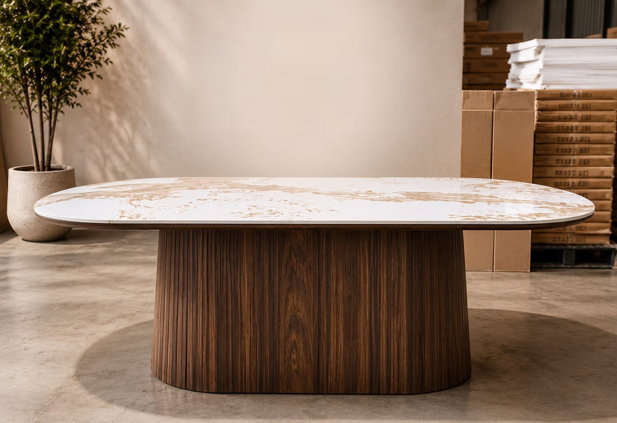 Kendall oval marble-look dining table with fluted walnut base