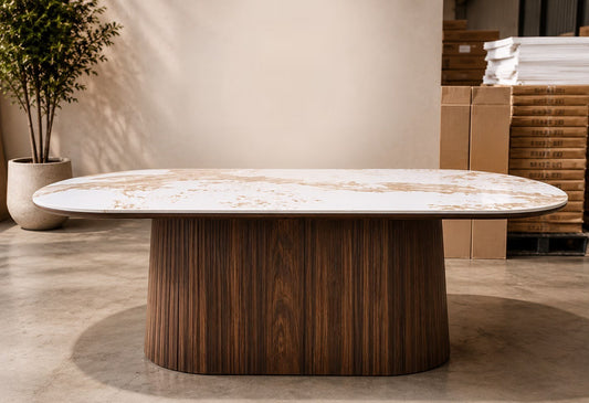 Kendall oval marble-look dining table with fluted walnut base