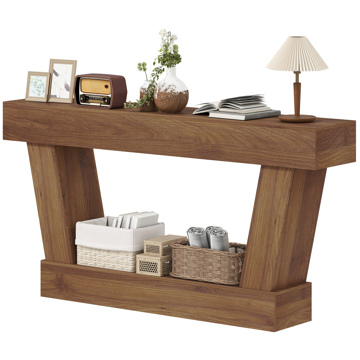 63" Vintage Console Table with Open Shelf, Dark Brown
