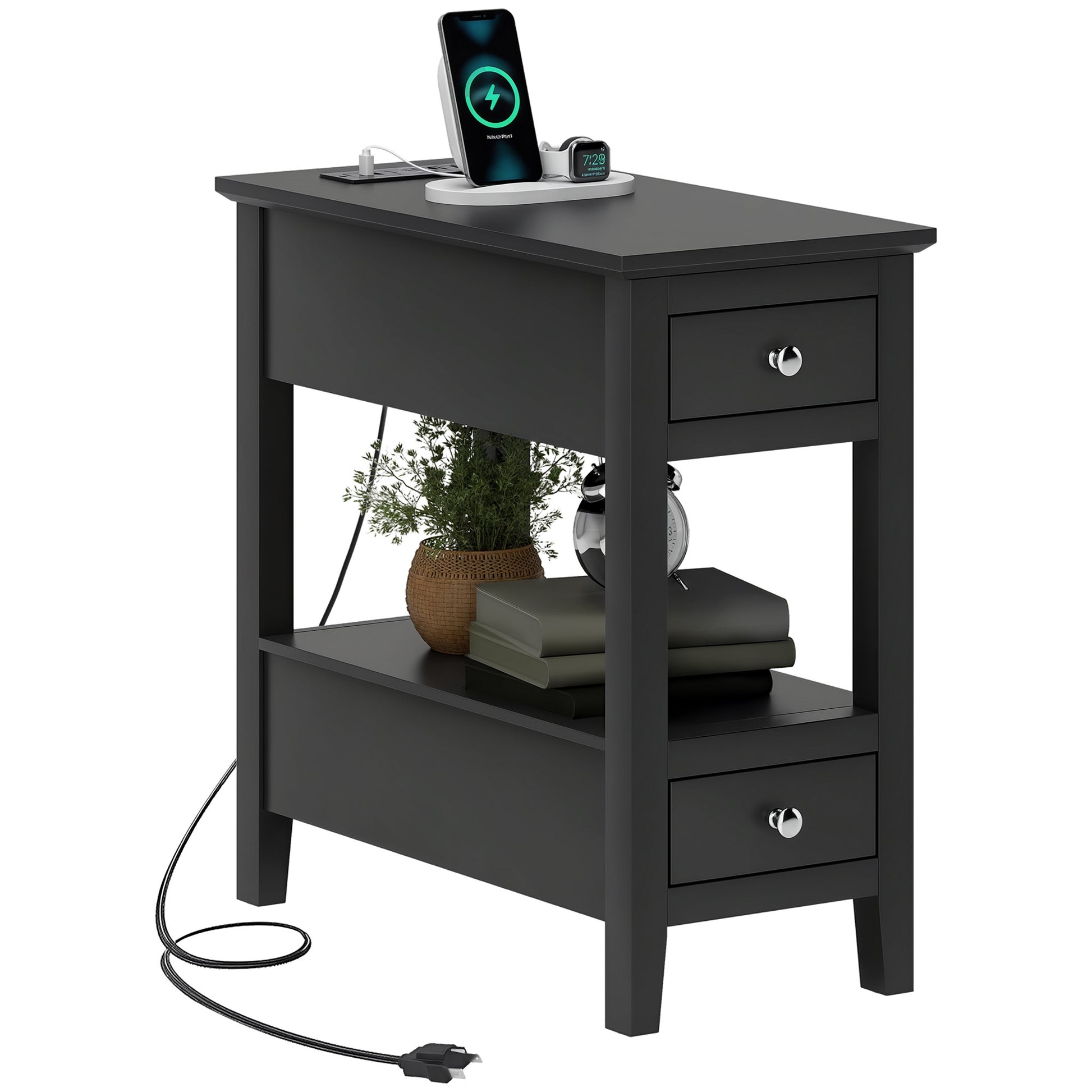HOMCOM Narrow Side Table: Charging Station, USB, Storage Drawers, Black