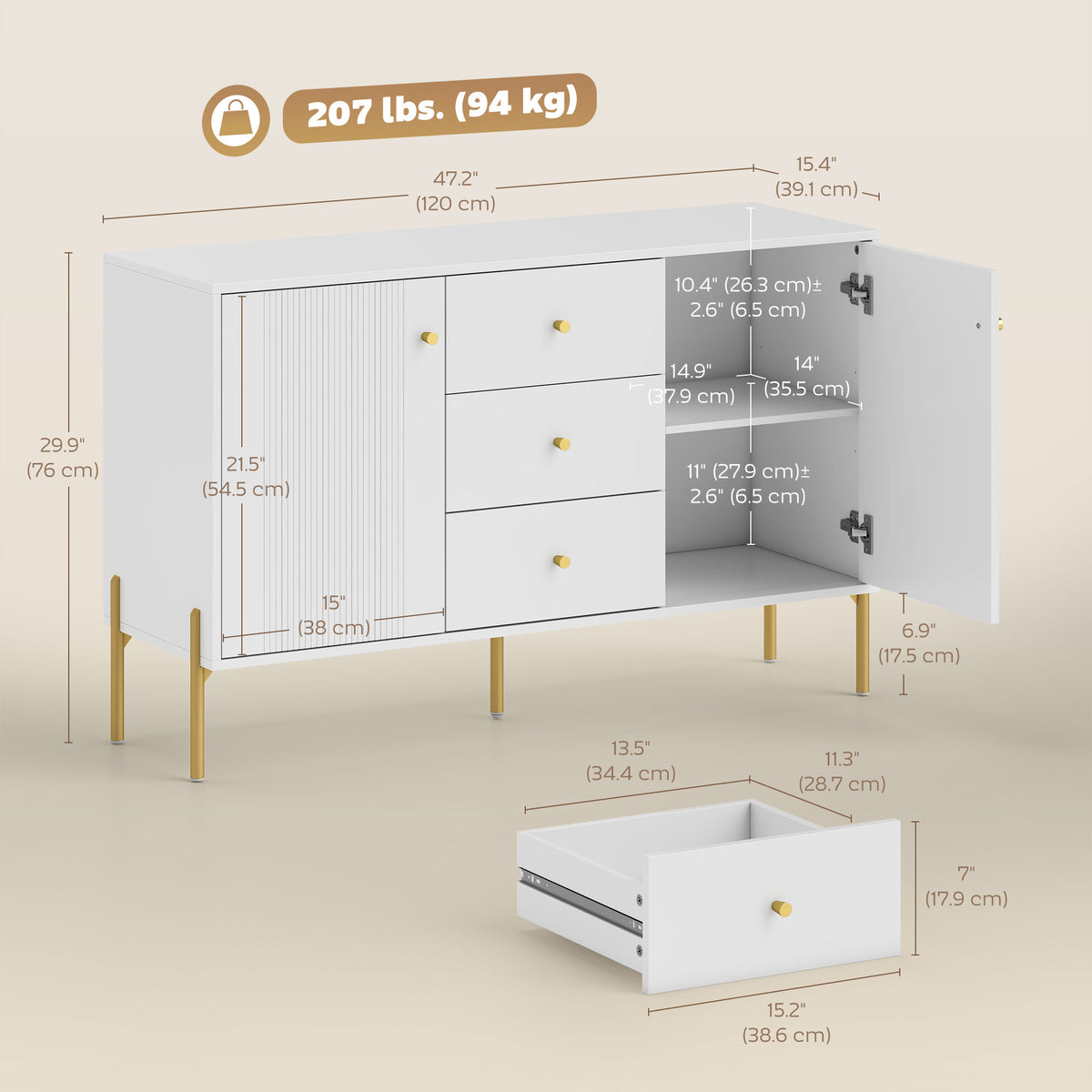 Modern Sideboard with 3 Soft-Close Drawers and 2 Adjustable Shelves – 47"W x 30"H