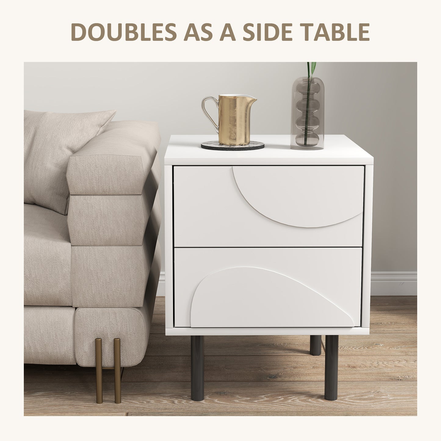 HOMCOM Modern White Nightstand Set of 2 with Push-Open Drawers, Steel Legs
