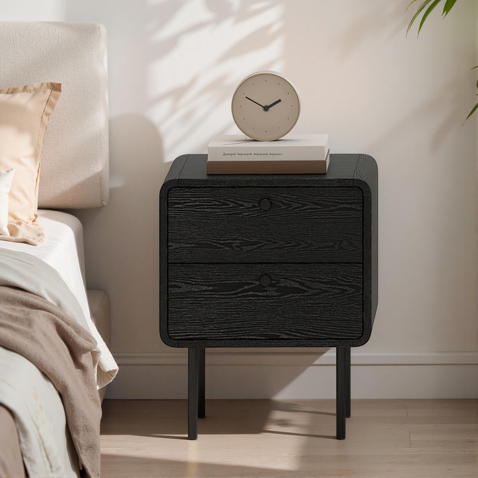 Modern Black Wood Grain Nightstands Set of Two, Dual Storage Drawers