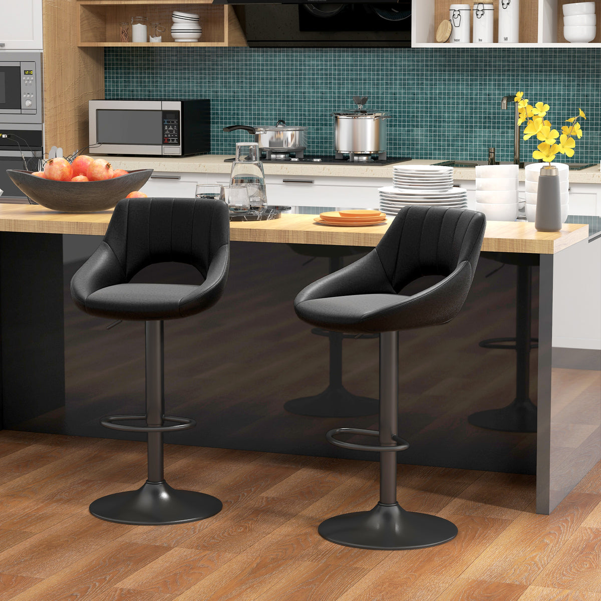 Channel-Tufted Faux Leather Swivel Counter Stools with Footrest, Set of 2