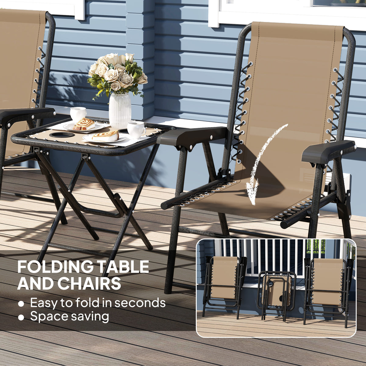 3 Pieces Patio Bistro Set, Outdoor Folding Table and Chairs Set, Metal Patio Furniture Set with Cup Holders – Khaki