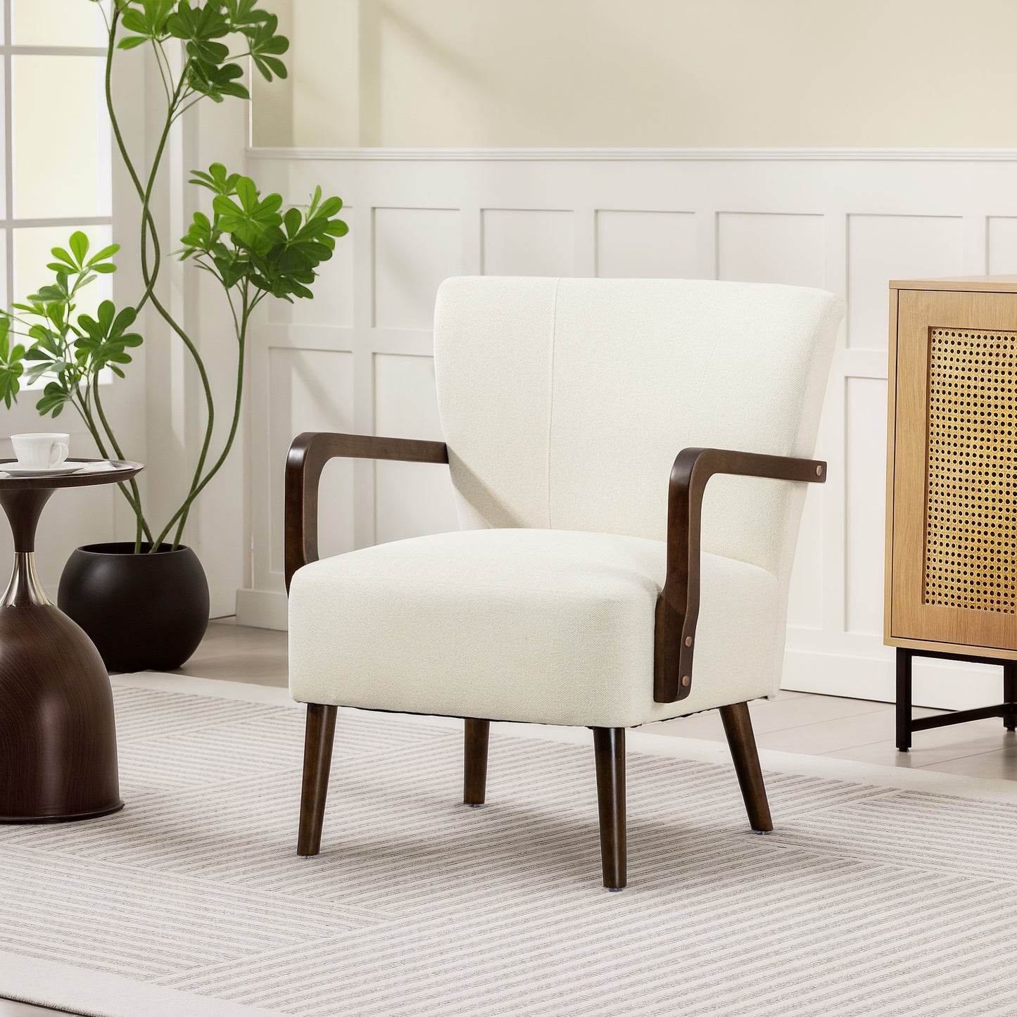 HOMCOM Cream White Linen Fabric Accent Chair, Wooden Legs, Thick Padded Comfort