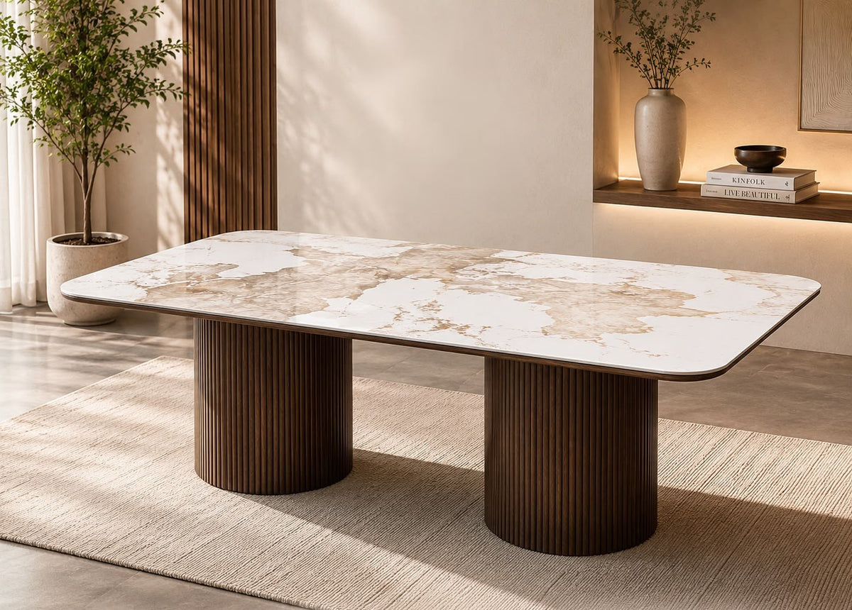 Kimi rectangular marble-look dining table with twin fluted pedestals