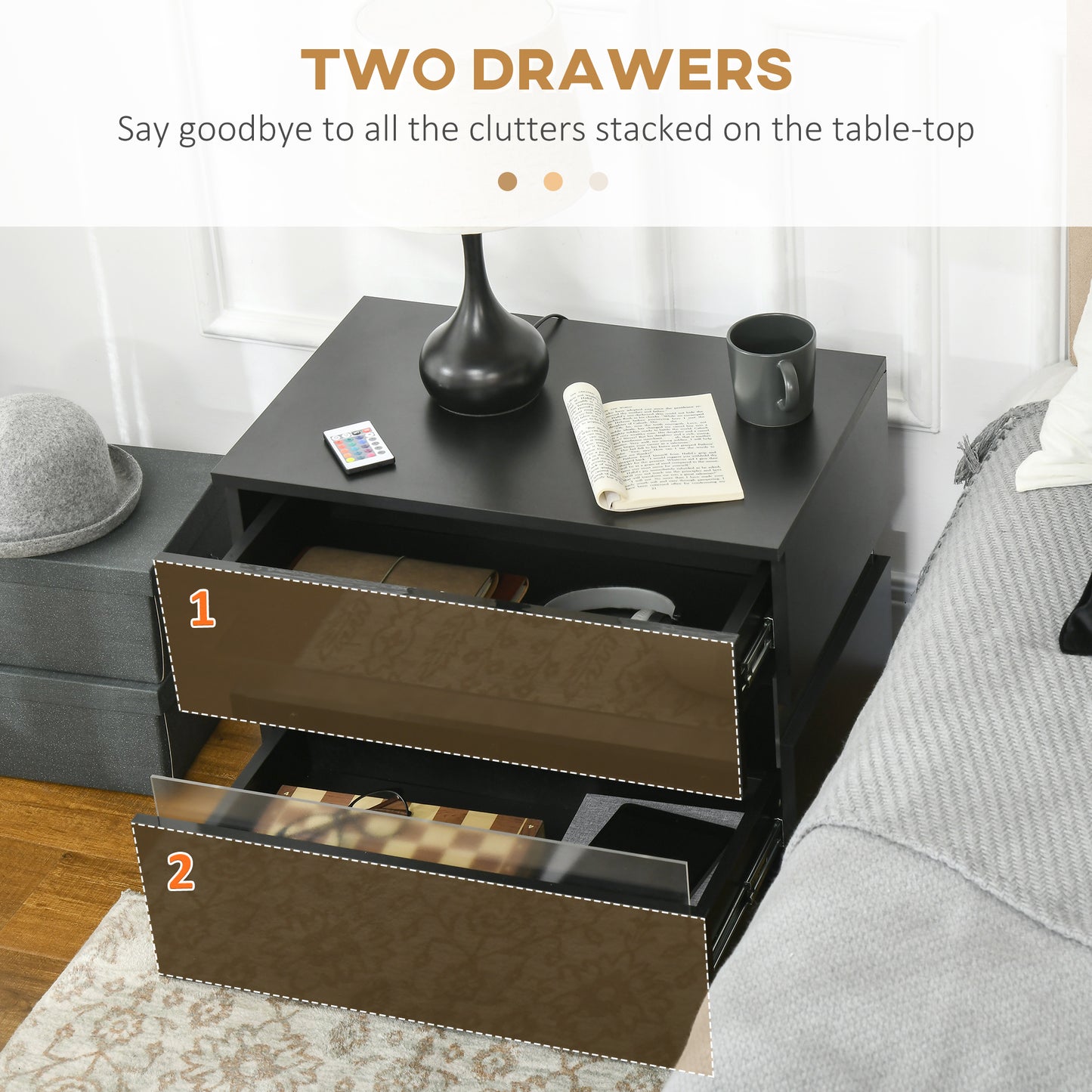 Modern Black Nightstand, 2 Gloss Drawers, USB RGB LED Remote Lights