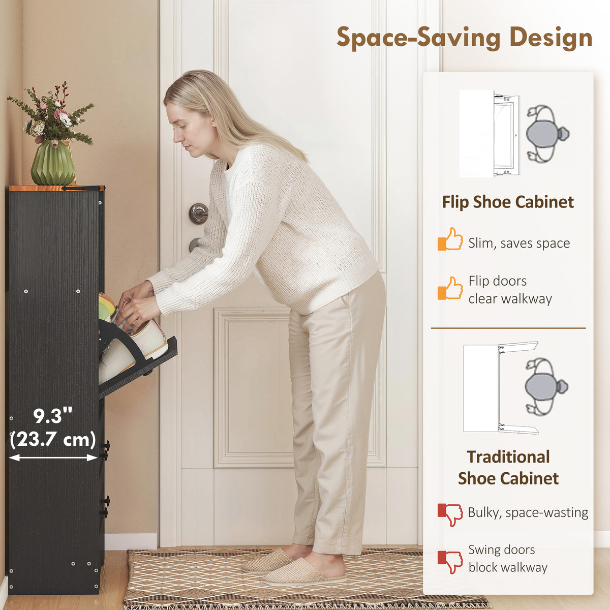 Slim Entryway Shoe Cabinet with 2 Flip Drawers – 31"W x 43"H