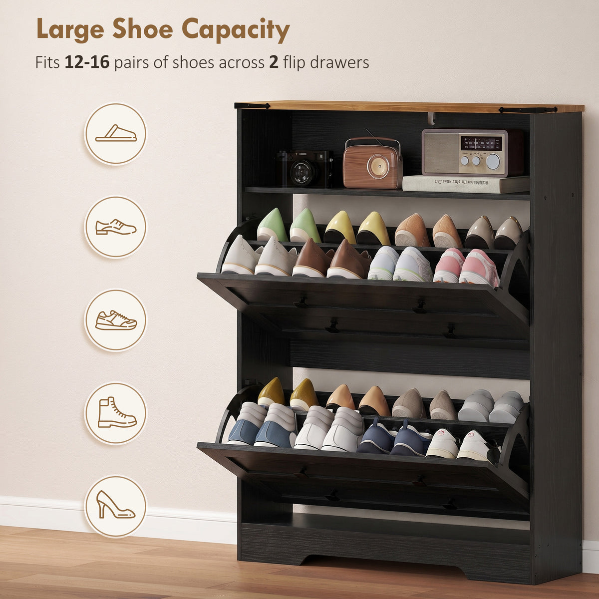 Slim Entryway Shoe Cabinet with 2 Flip Drawers – 31"W x 43"H