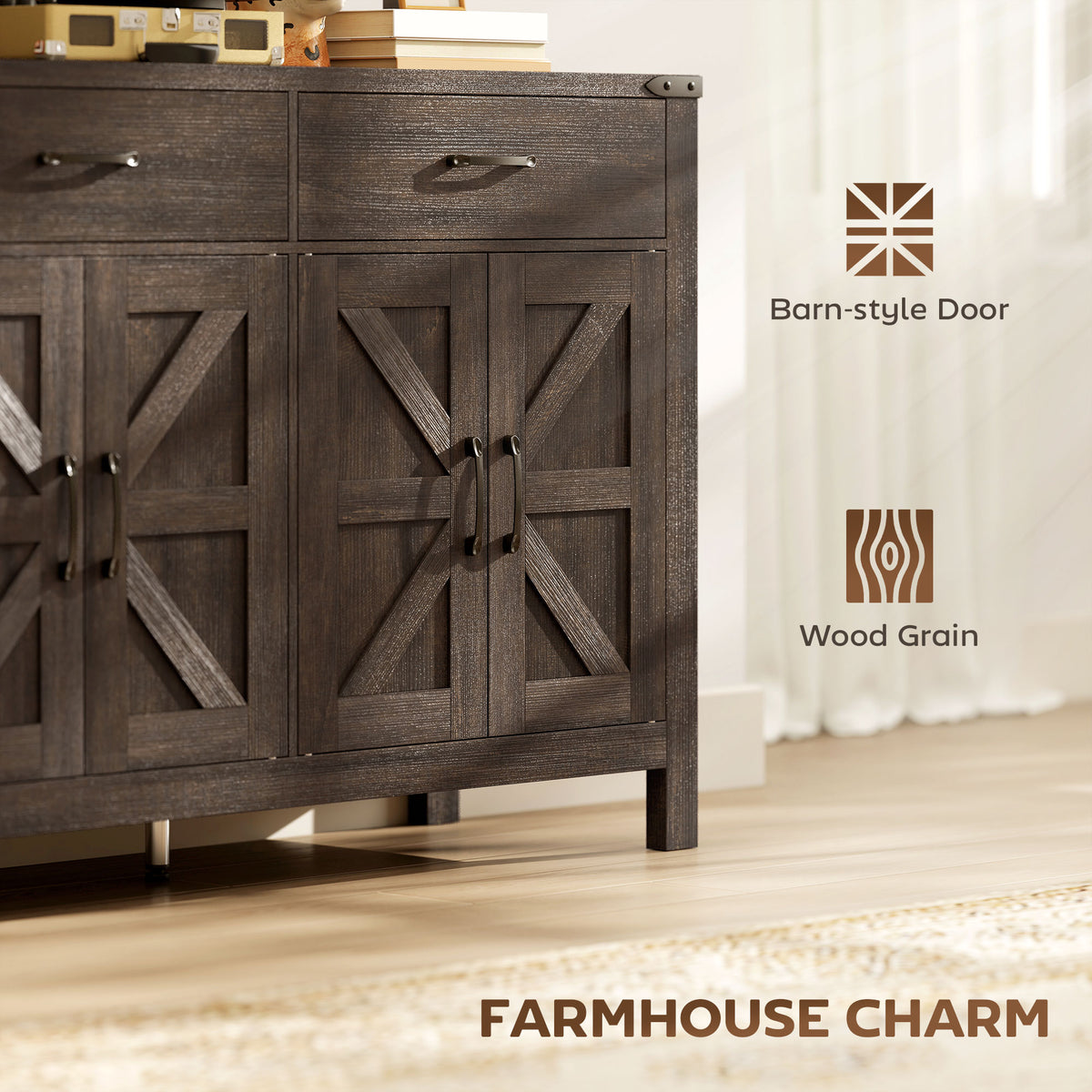 Farmhouse Kitchen Storage Cabinet with 2 Drawers and Shelves – 47"W x 32"H