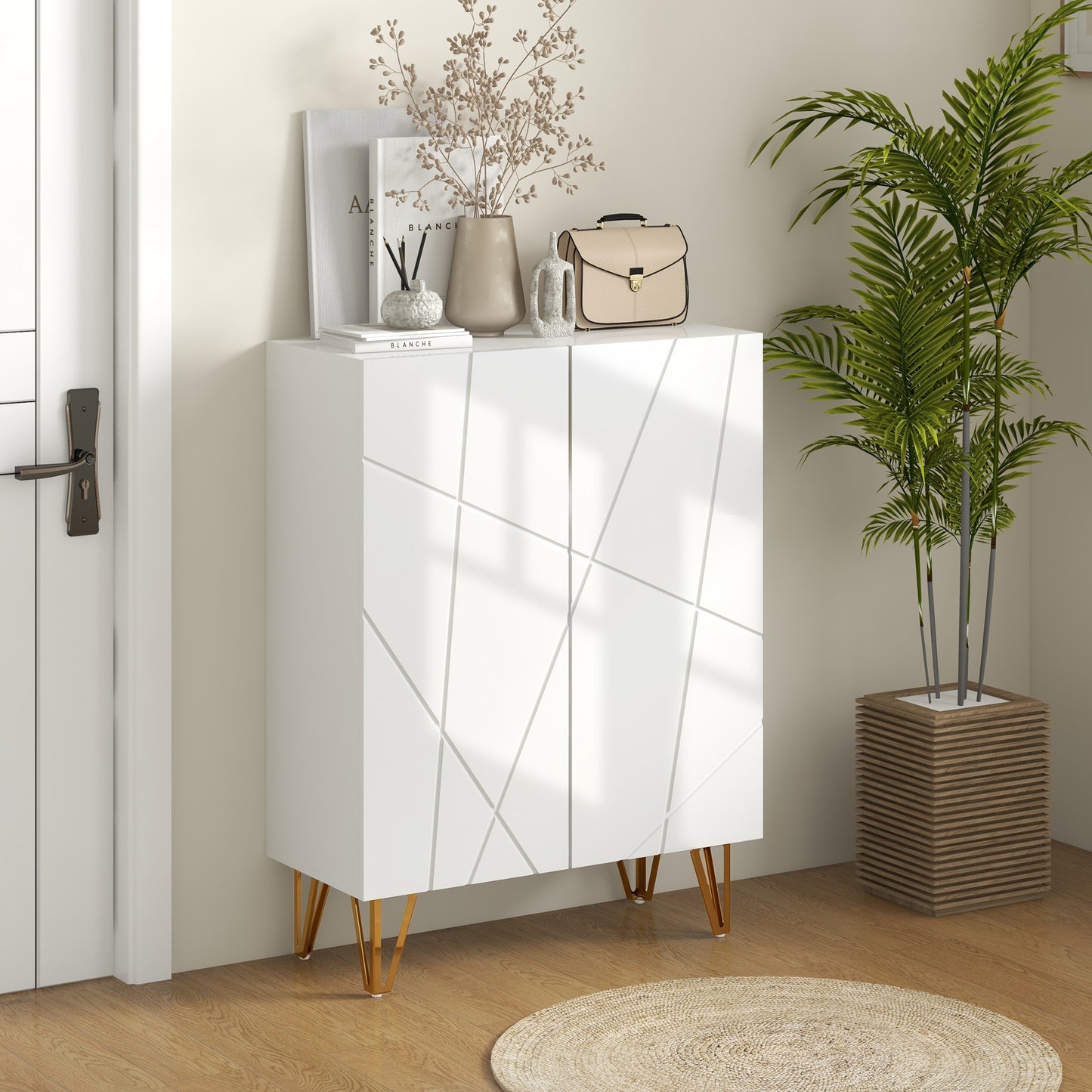 HOMCOM Narrow High Gloss White Shoe Cabinet with Soft-Close Adjustable Shelves