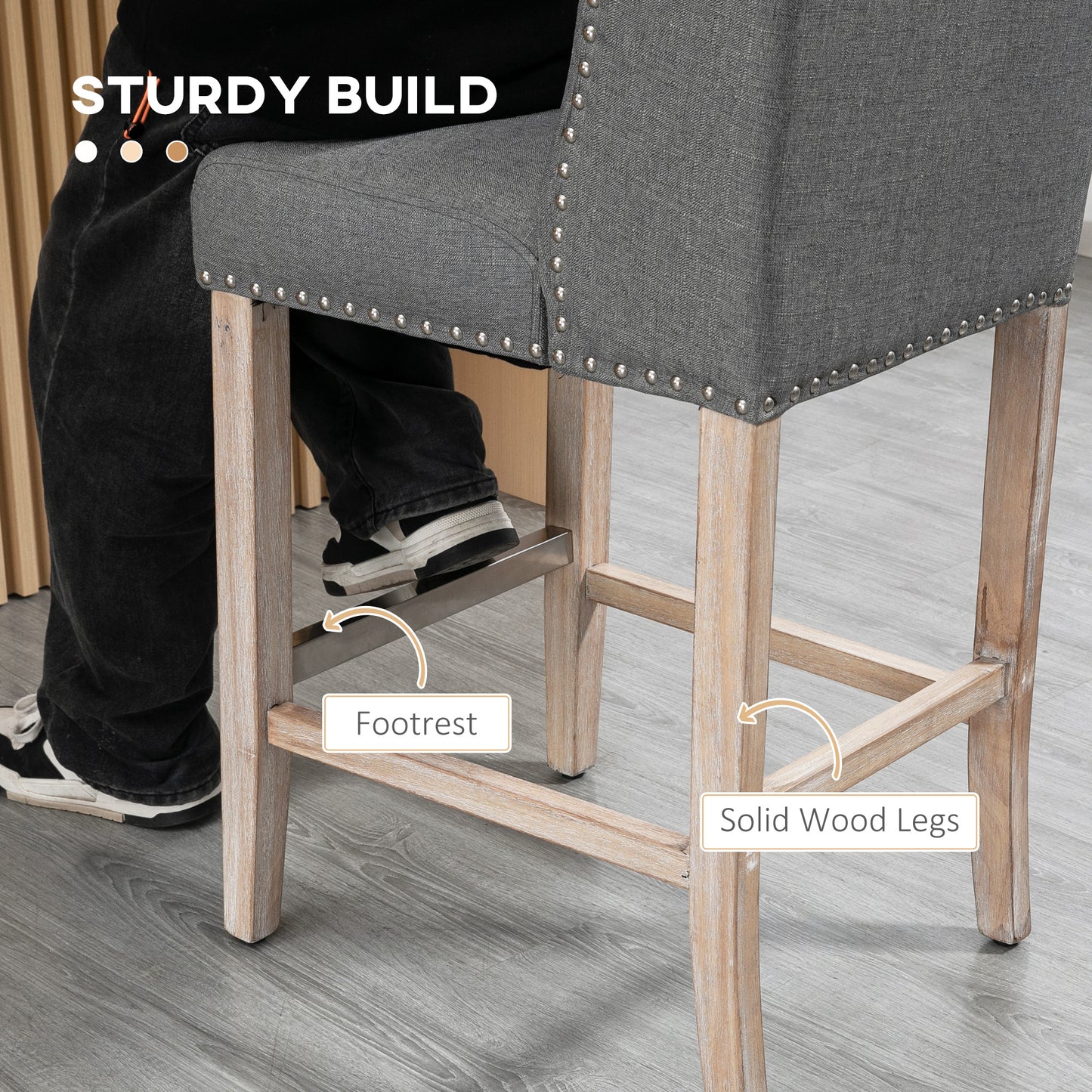 HOMCOM 2-Piece Grey Upholstered Counter Height Bar Stools, Nailhead Backrest