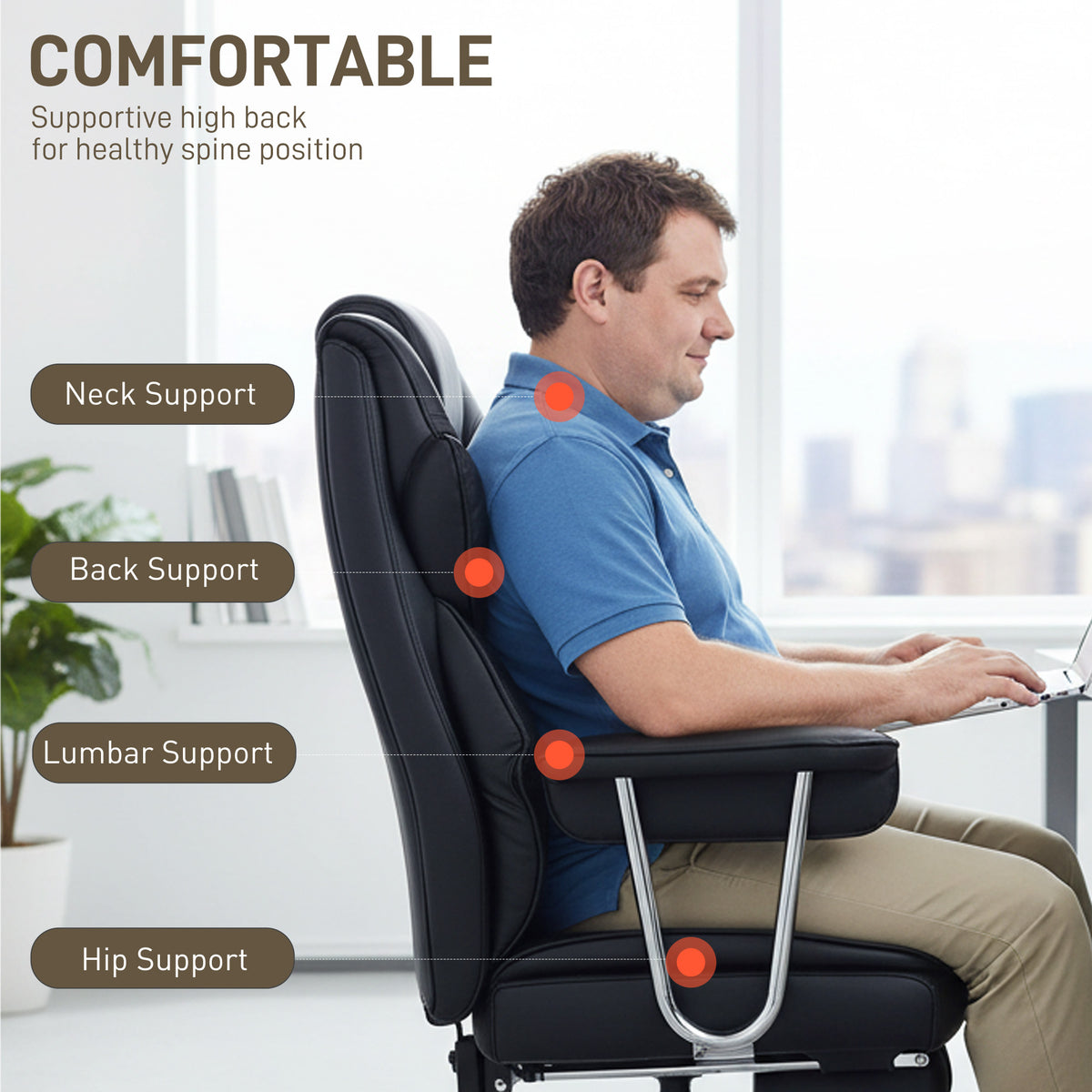 Big and Tall Office Chair, 400 lbs Overstuffed Desk Chair with Shaped Foam, PU Leather, Black