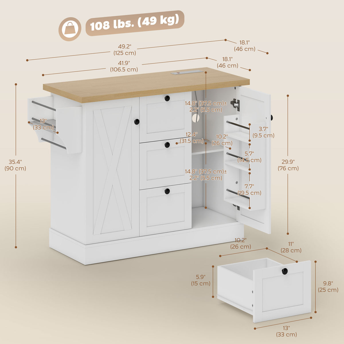 Farmhouse Kitchen Island Cart with Power Outlet and Soft-Close Doors – 49"W x 35"H