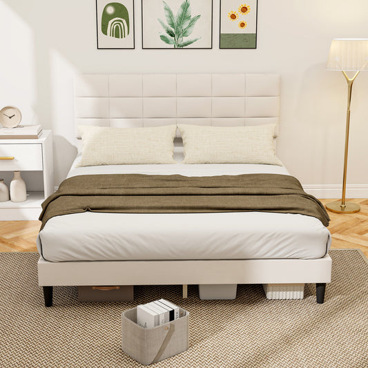 Square-Stitched Velvet-Feel Upholstered Platform Bed