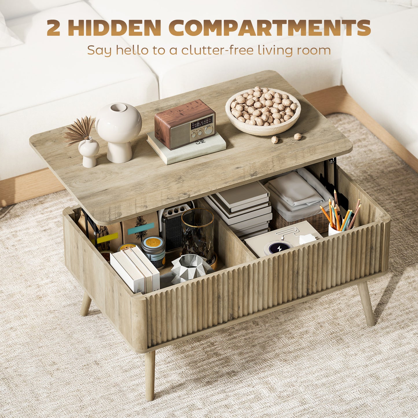 HOMCOM Modern Oak Lift Top Coffee Table with Hidden Storage, Pine Wood Legs