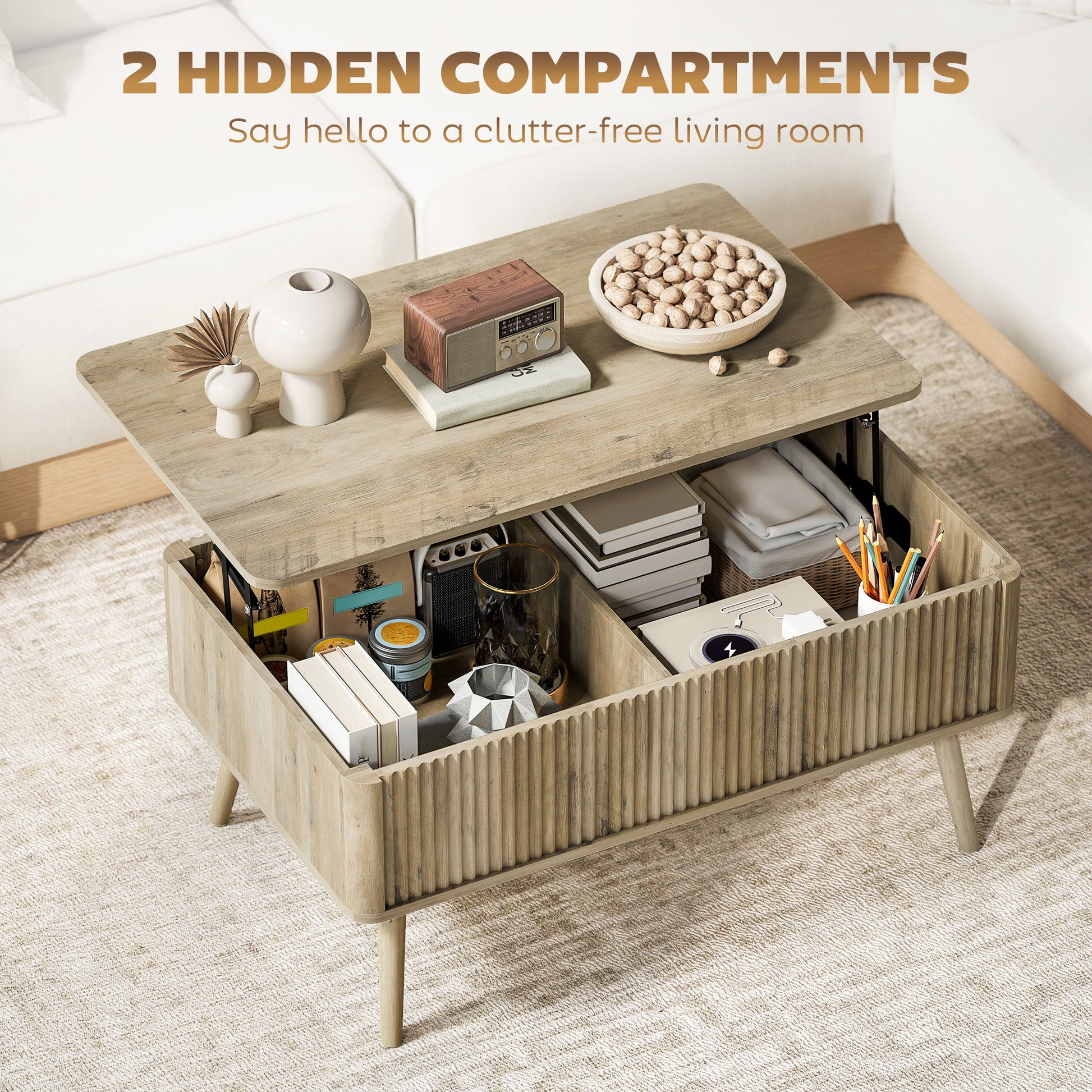 HOMCOM Modern Oak Lift Top Coffee Table with Hidden Storage, Pine Wood Legs