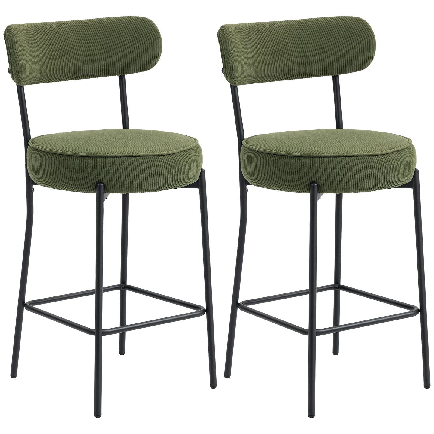 HOMCOM Set of 2 Green Corduroy Bar Stools with Backrest, Footrest