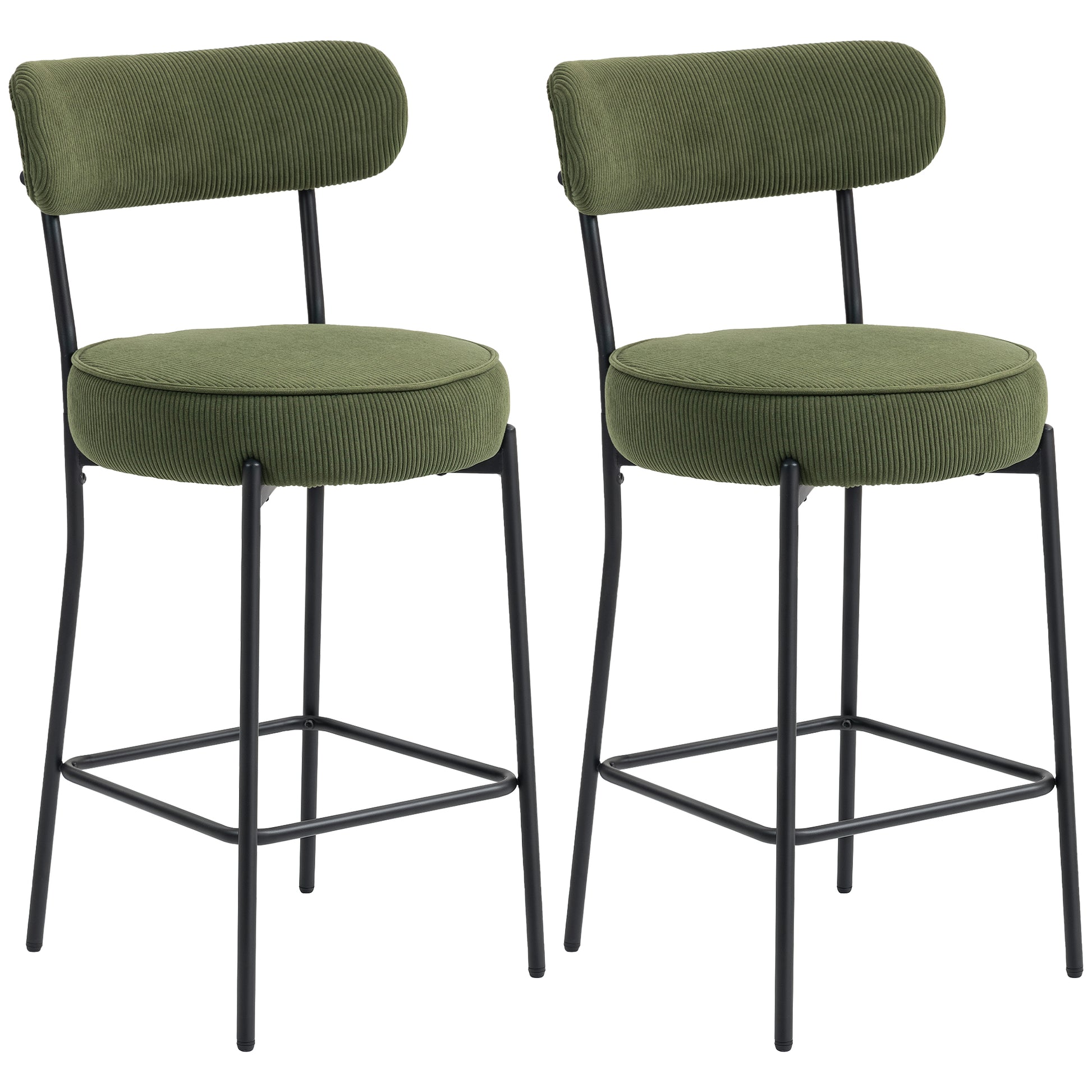 HOMCOM Set of 2 Green Corduroy Bar Stools with Backrest, Footrest