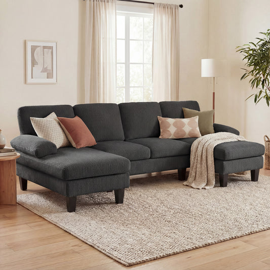 Corduroy U-Shaped Sectional with Double Chaise & Pillow-Top Arms