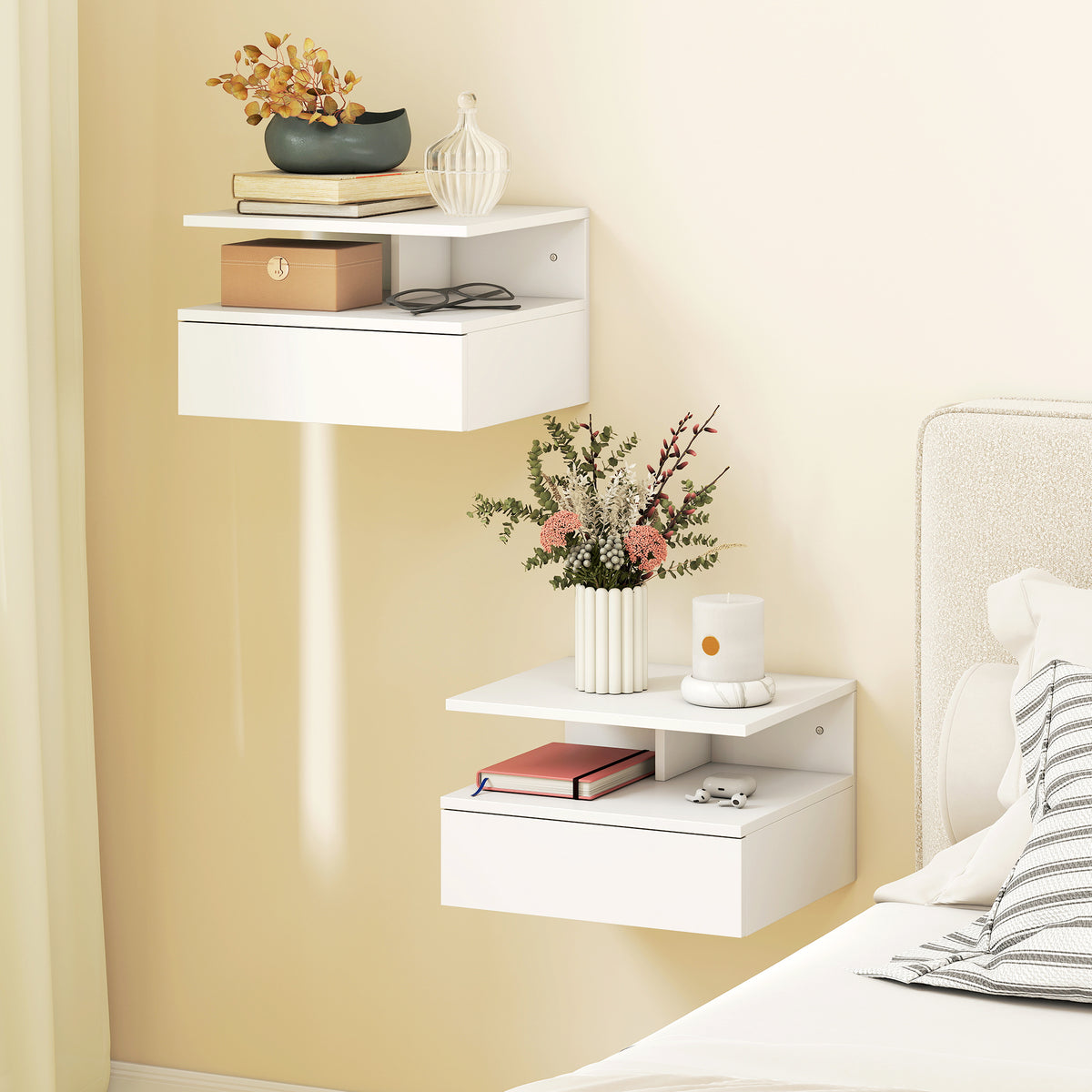 Floating Nightstands with Drawer and Shelf, Set of 2 – 14"W x 9"H