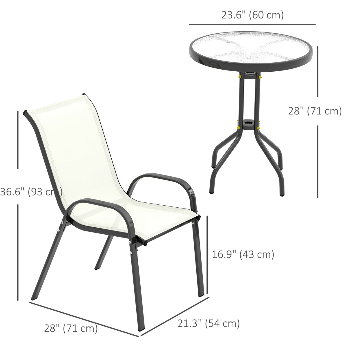 3 Pieces Bistro Set, Small Patio Furniture Set with Stackable Mesh Chairs, Glass Table for Garden, Balcony – Beige