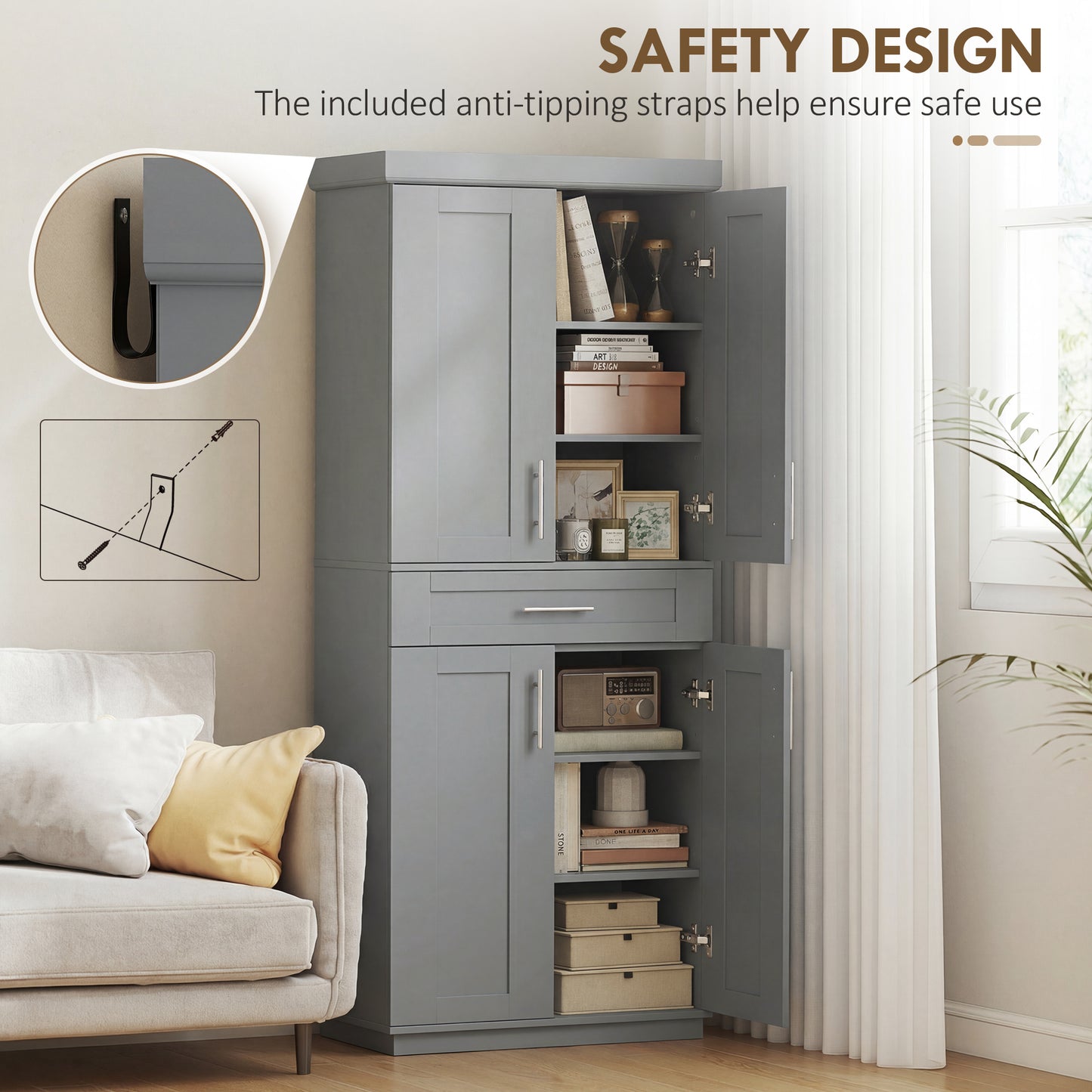 HOMCOM 72" Freestanding Storage Cabinet With 4 Doors Grey