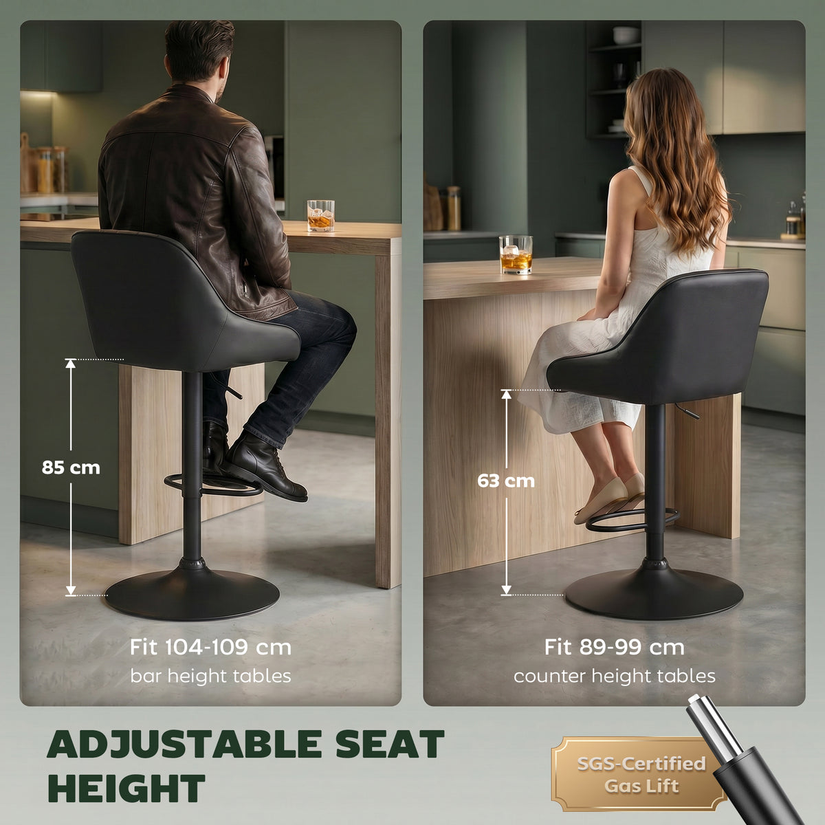 Diamond-Quilted Adjustable Swivel Kitchen Bar Stools with Backrest, Set of 2, Black