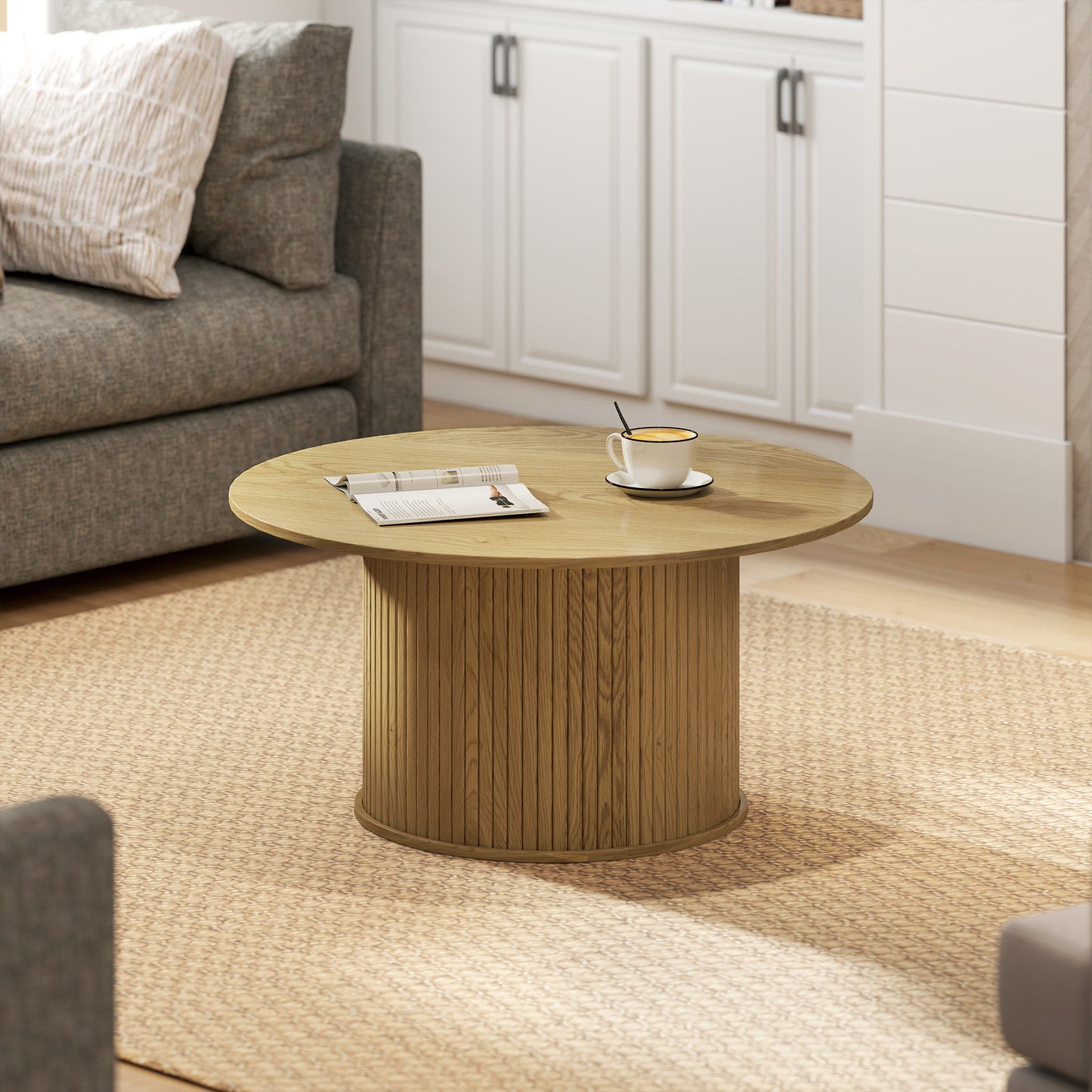 HOMCOM Nordic Round Oak Coffee Table with Fluted Cylindrical Base for Living Room