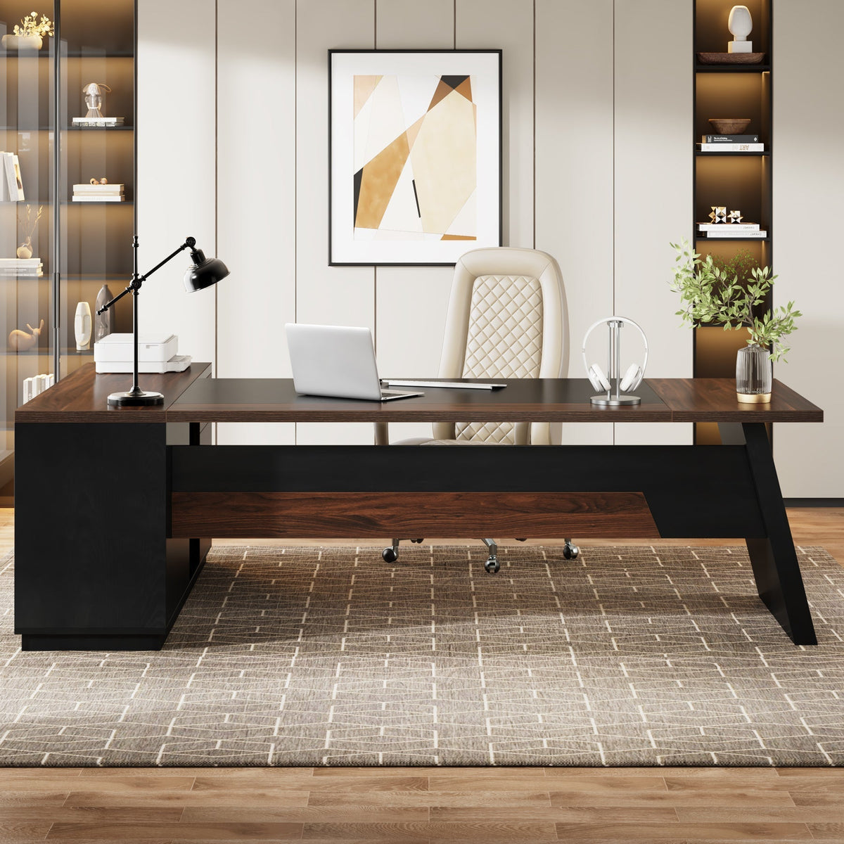 L-Shaped Executive Desk, 78" Office Desk with Drawers and Lateral File Cabinet
