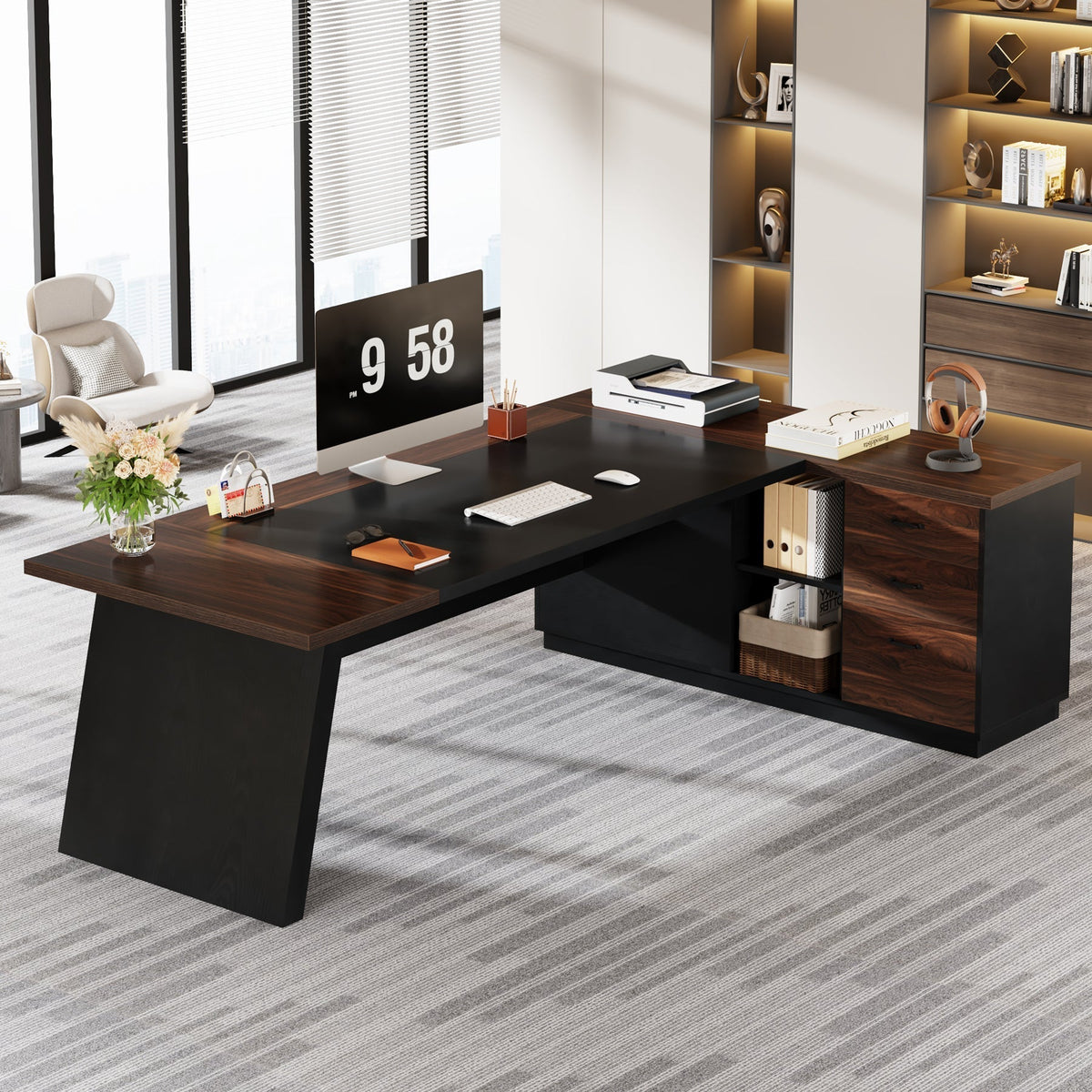 L-Shaped Executive Desk, 78" Office Desk with Drawers and Lateral File Cabinet