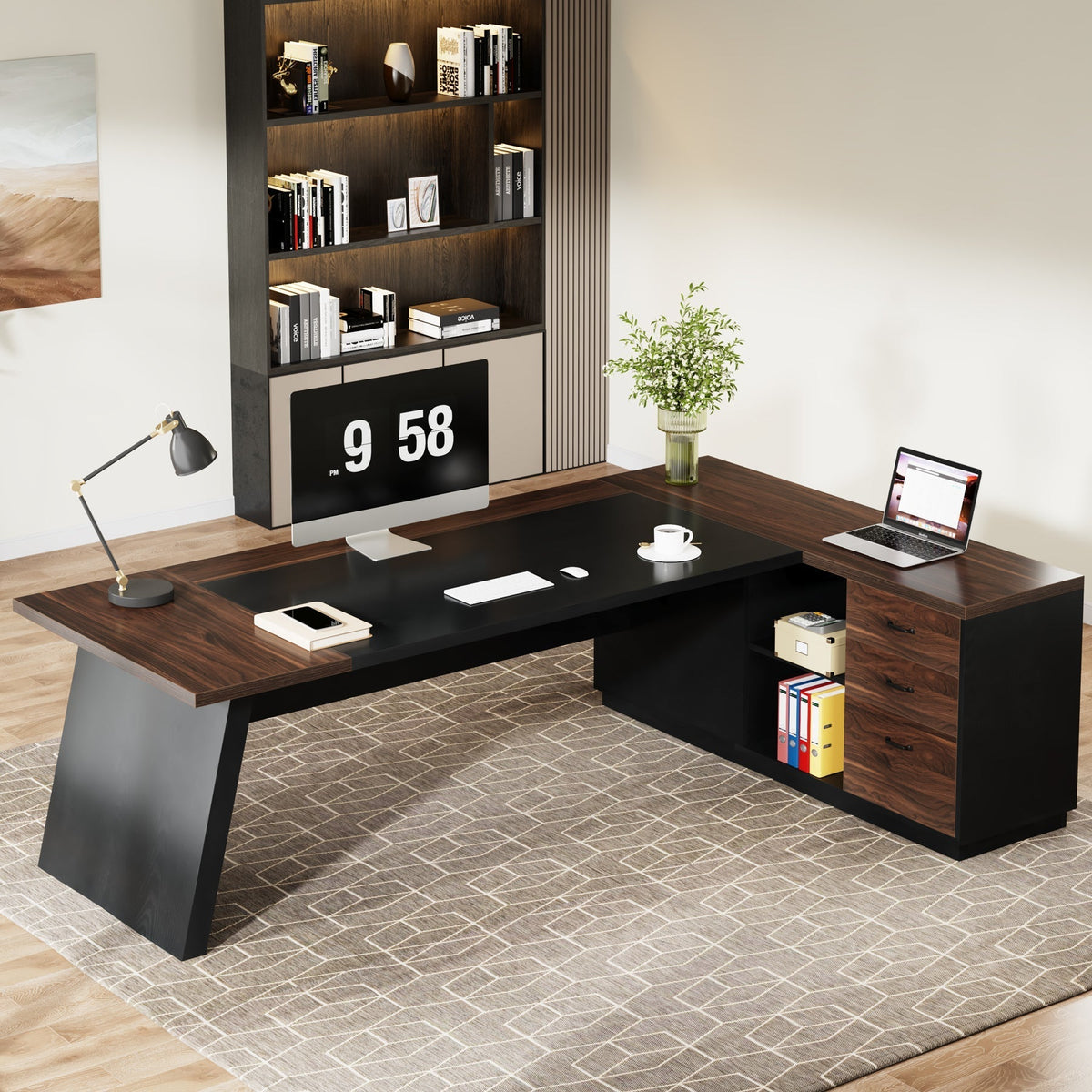L-Shaped Executive Desk, 78" Office Desk with Drawers and Lateral File Cabinet