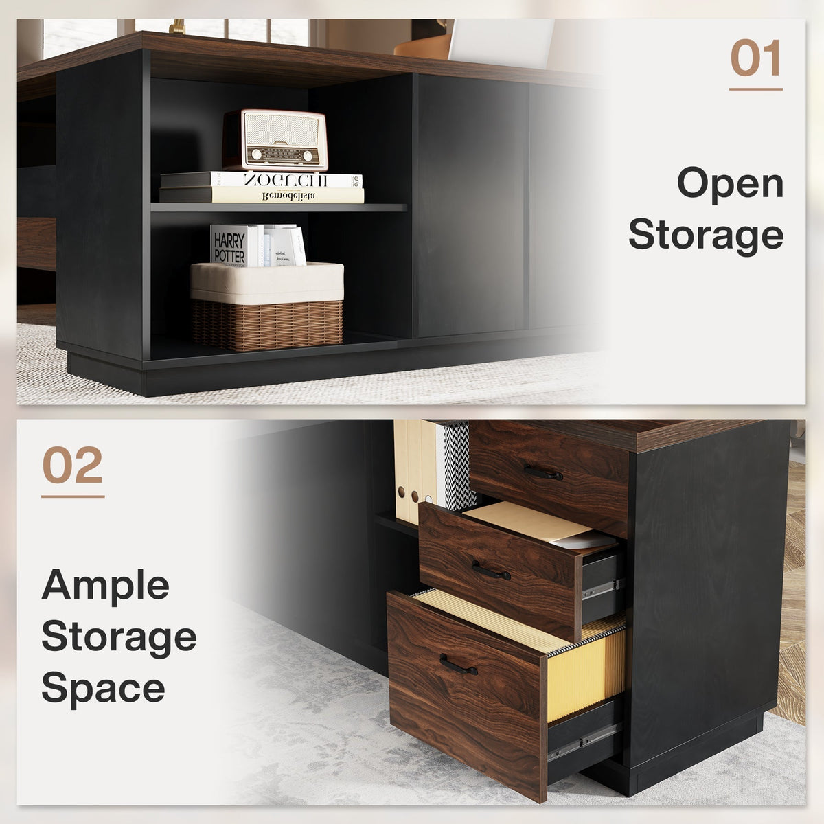 L-Shaped Executive Desk, 78" Office Desk with Drawers and Lateral File Cabinet