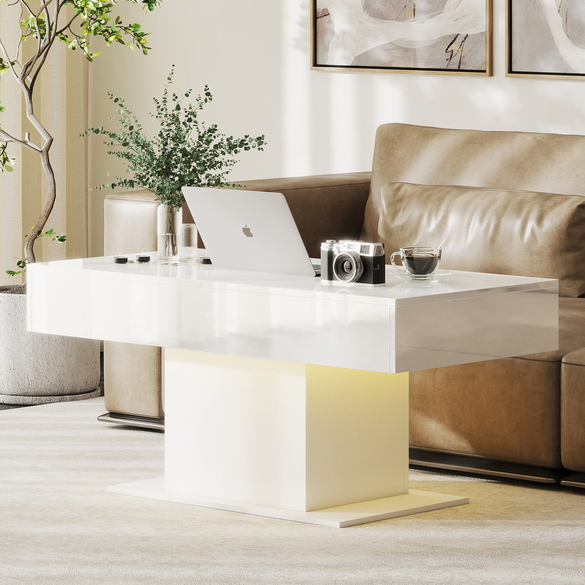 Extendable LED Coffee Table with Hidden Storage, High Gloss White