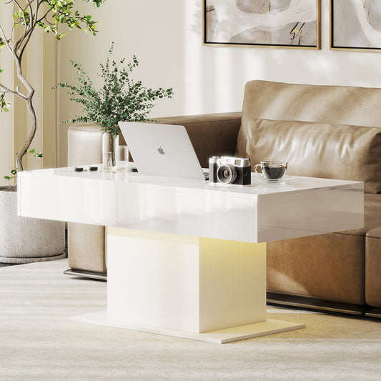 Extendable LED Coffee Table with Hidden Storage, High Gloss White