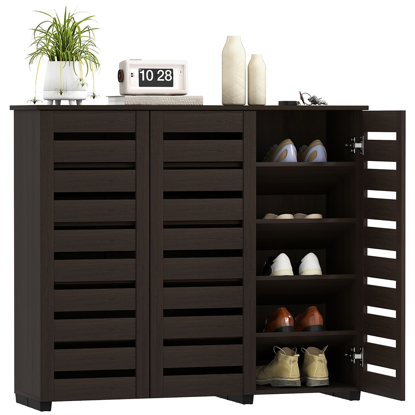 HOMCOM Narrow Entryway Shoe Cabinet, Slatted Doors, Adjustable Shelves, Dark Brown