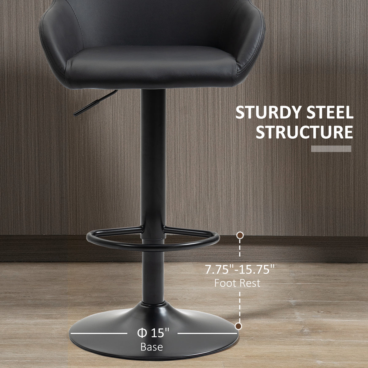 Retro PU Leather Swivel Bar Stools with Footrest and Mid Back, Round Base, Set of 2, Black