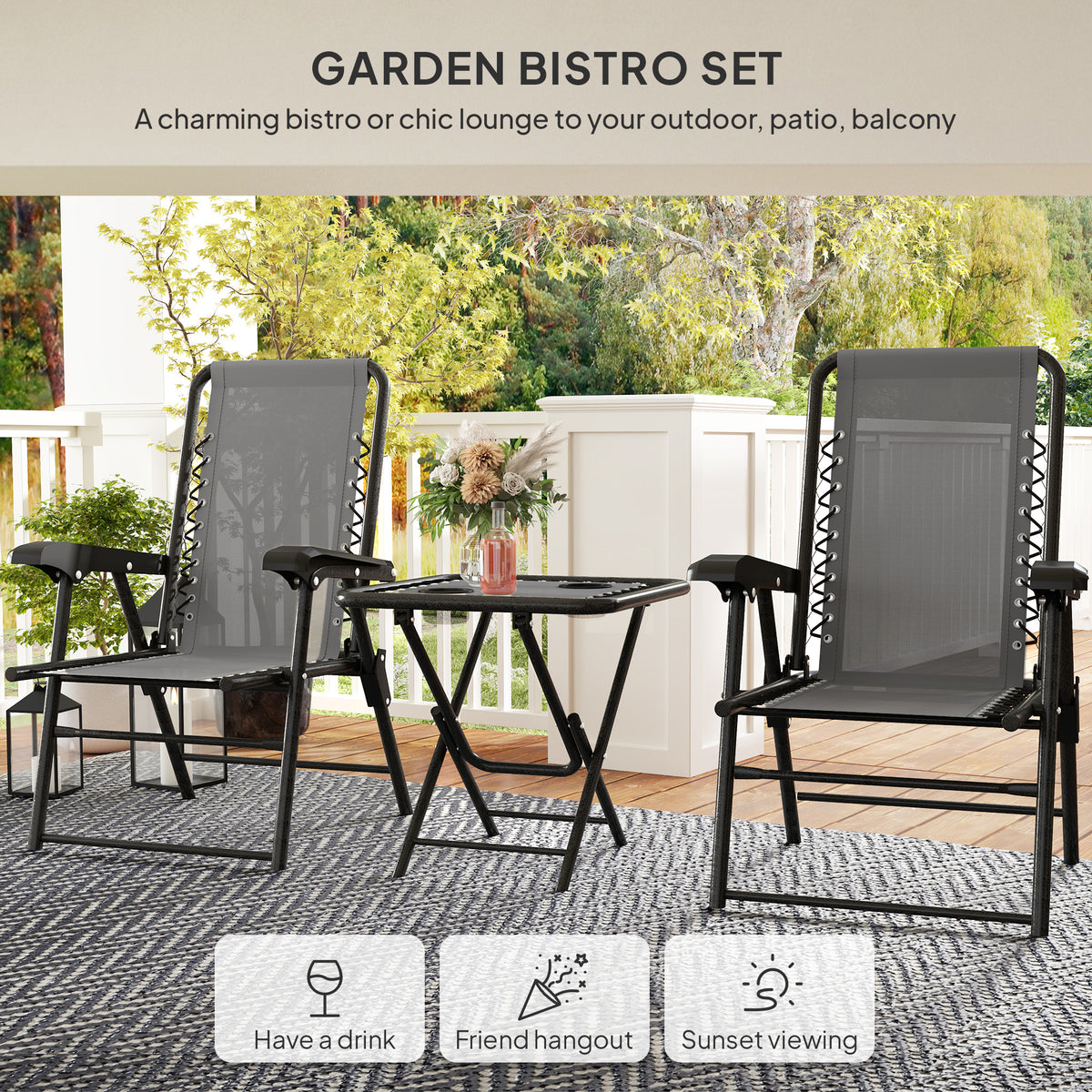 3 Pieces Patio Bistro Set, Outdoor Folding Table and Chairs Set, Metal Patio Furniture Set with Cup Holders – Dark Grey, Black