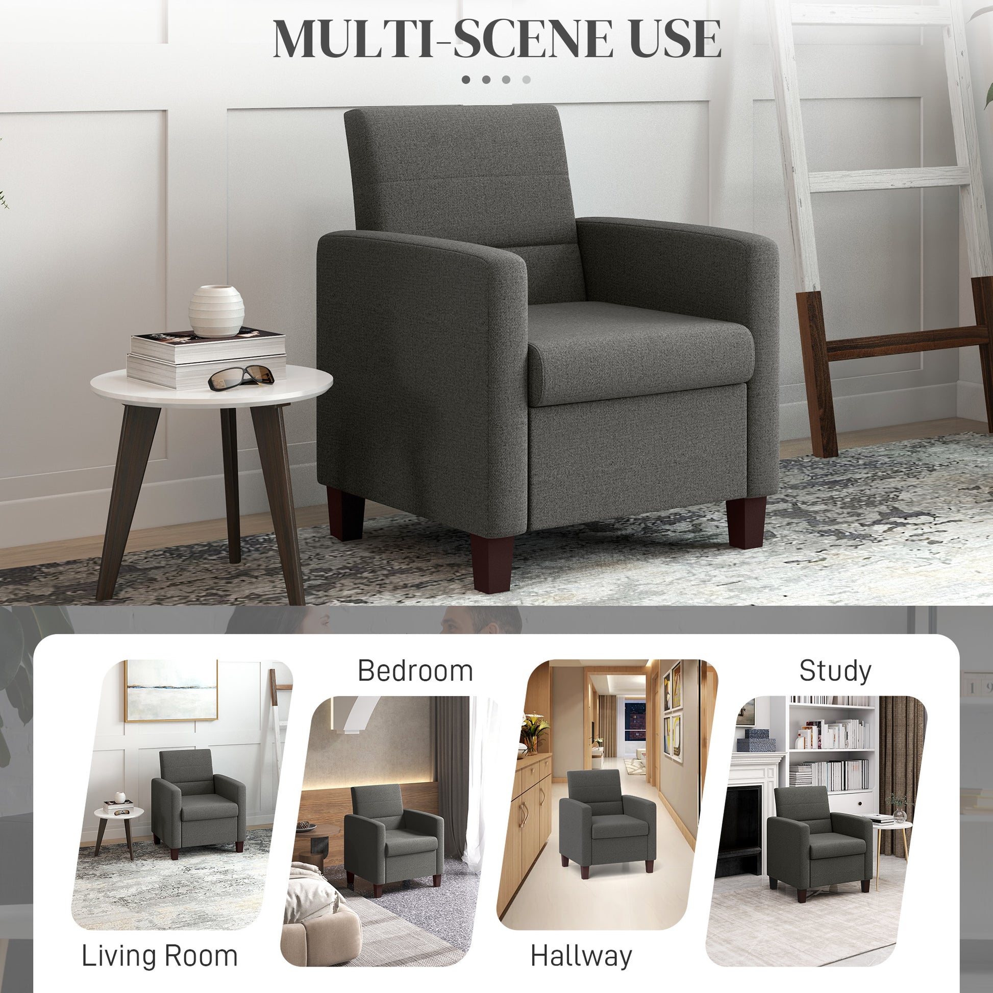 HOMCOM Modern Fabric Accent Chair with Cushion, Non-Slip Pads, Dark Grey