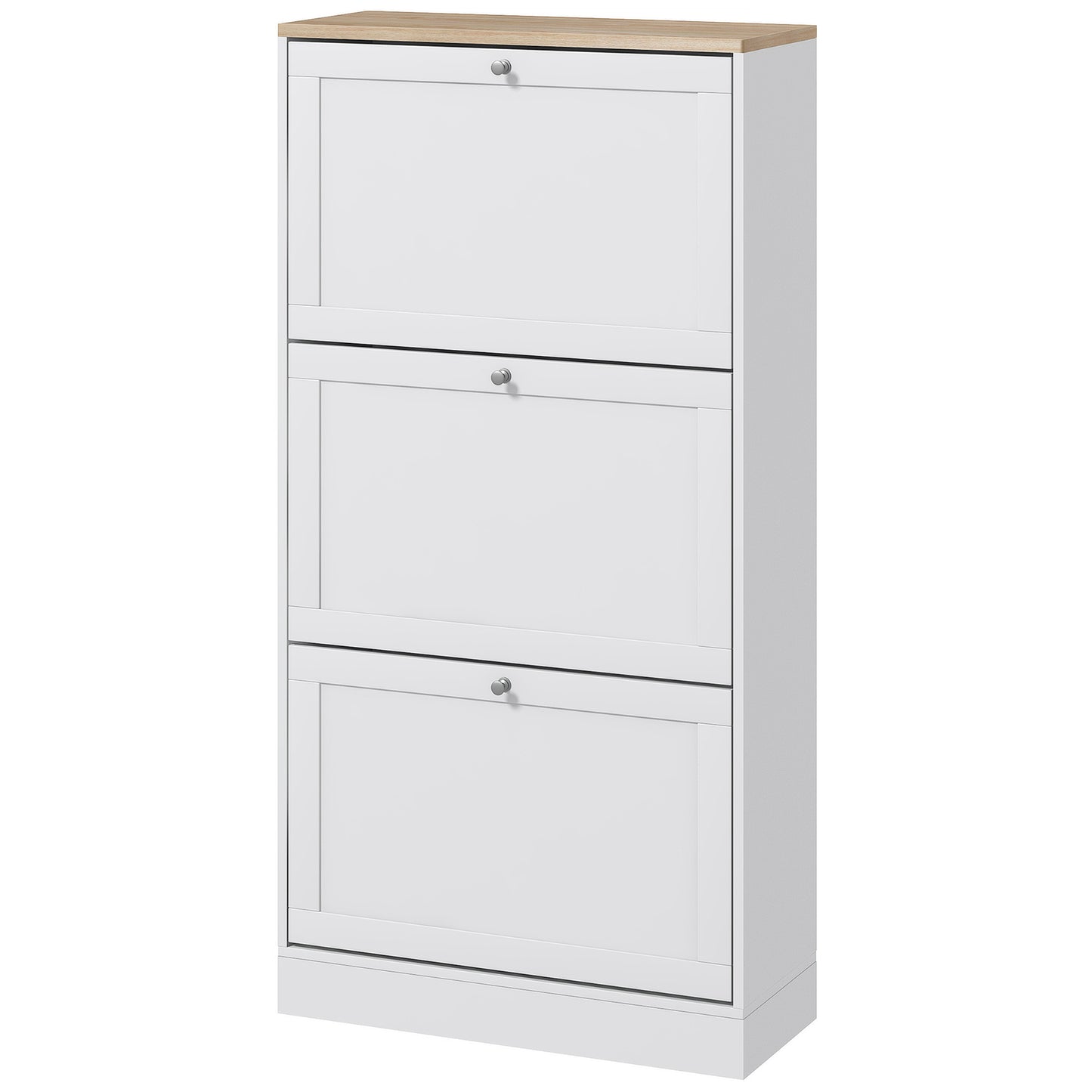 Sleek White Shoe Cabinet, 3 Flip Drawers, Adjustable Shelves, Holds 18 Pairs