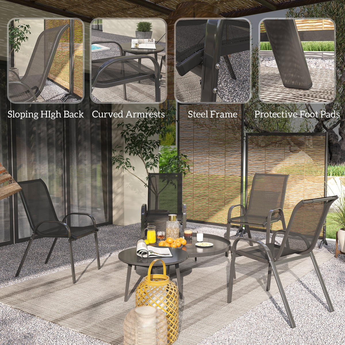 Set of 4 Outdoor Dining Chairs, Stackable Lawn Chairs with High Back, Breathable Mesh Seat for Garden Porch – Black