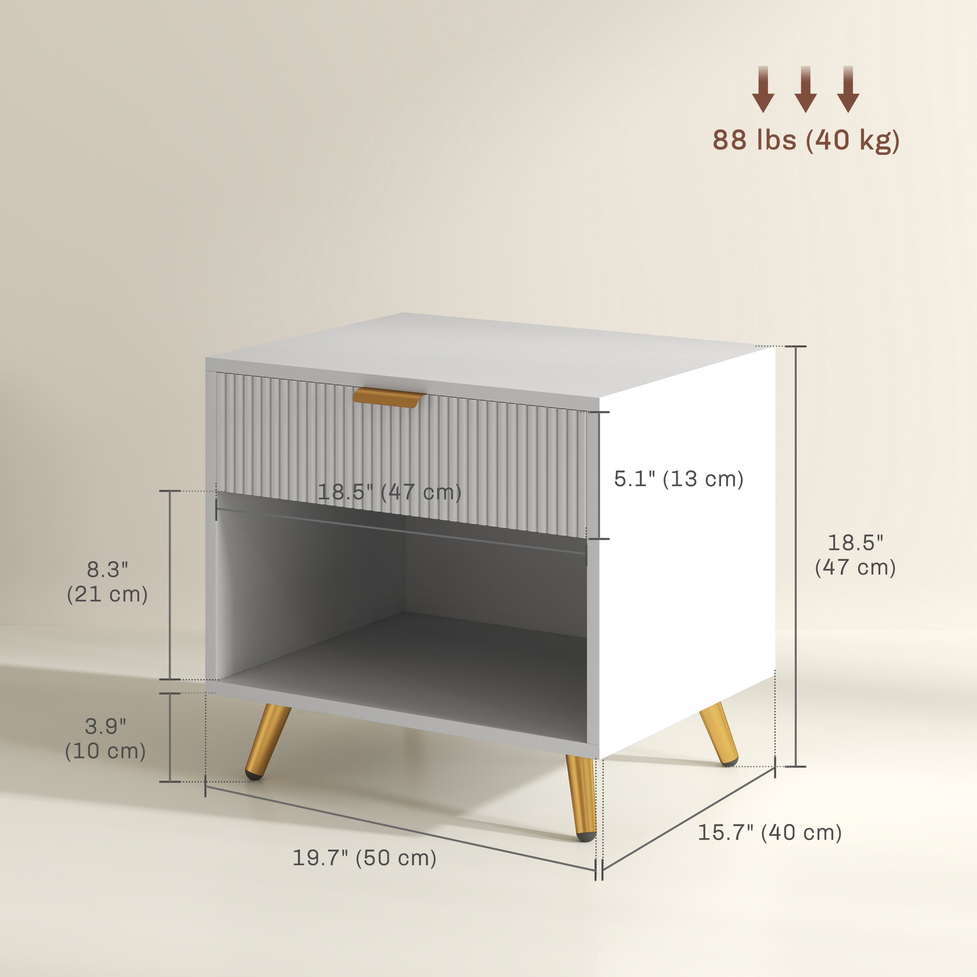 Modern White Fluted Panel Nightstand with Drawer, Open Storage, Gold Legs
