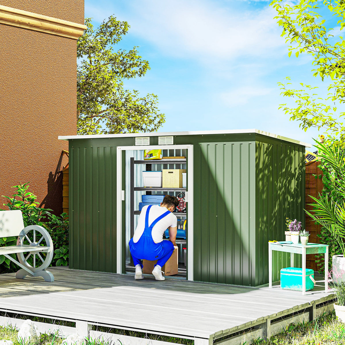 9' x 4' Garden Metal Storage Shed Outdoor Equipment Tool Box with Foundation Kit, Ventilation & Doors – Light Green