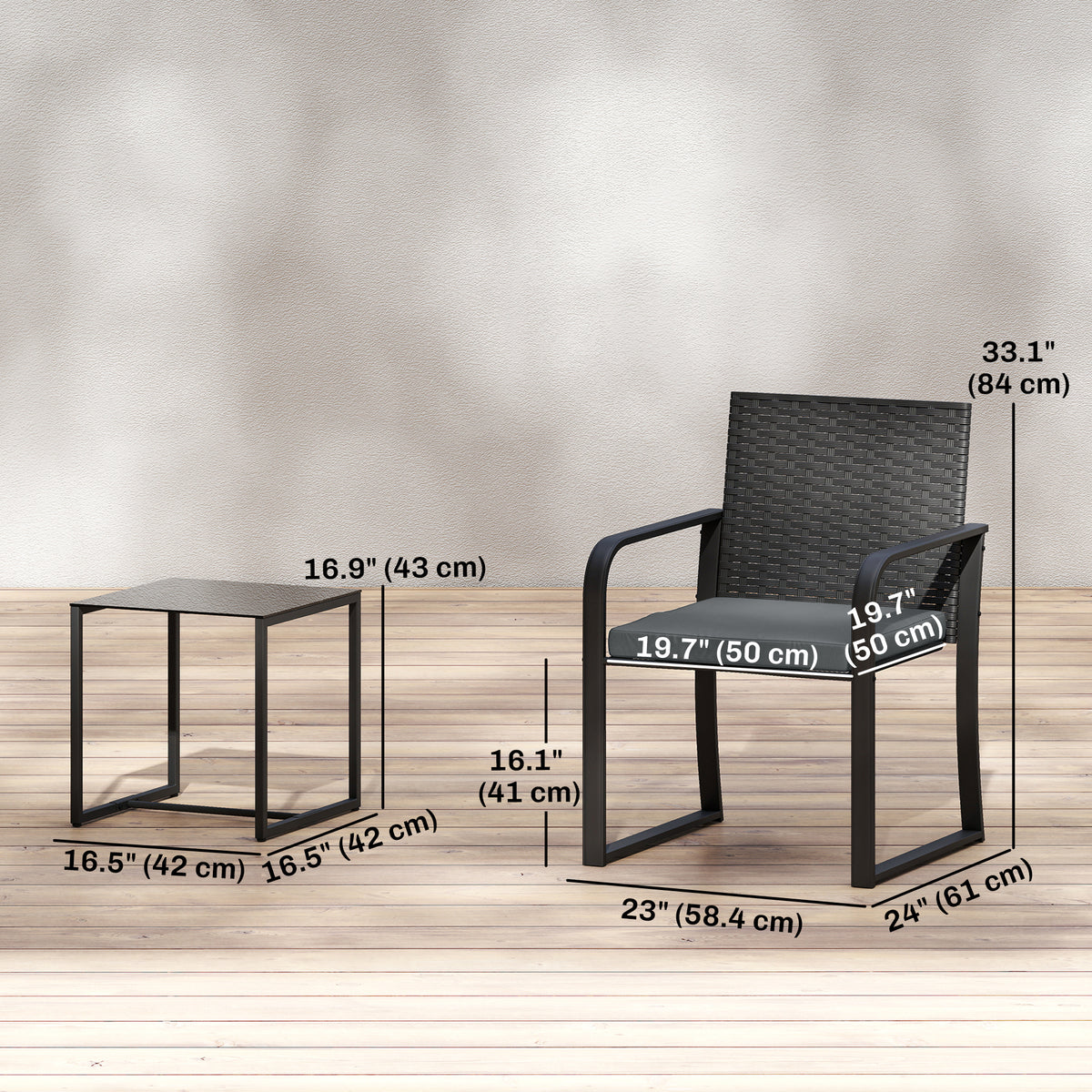 Outdoor Bistro Set, 3 Piece Wicker Patio Furniture with Mesh Seat, Glass Table, Cushions for Porch, Balcony – Grey