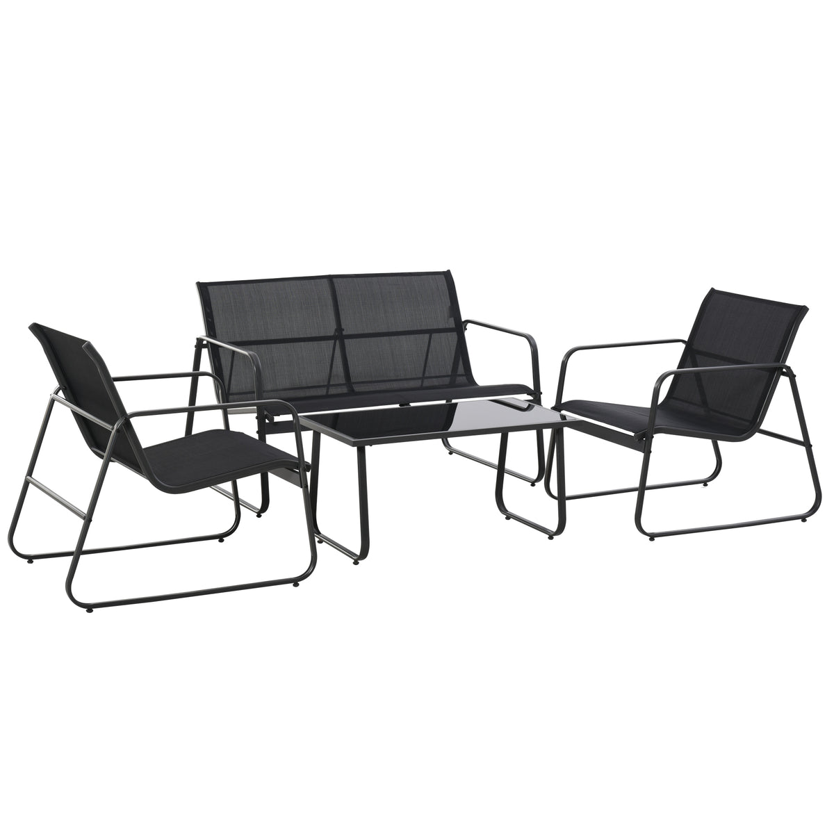 4 Piece Patio Furniture Set, Outdoor Conversation Set with Loveseat Sofa, Armchairs, Glass Top Coffee Table