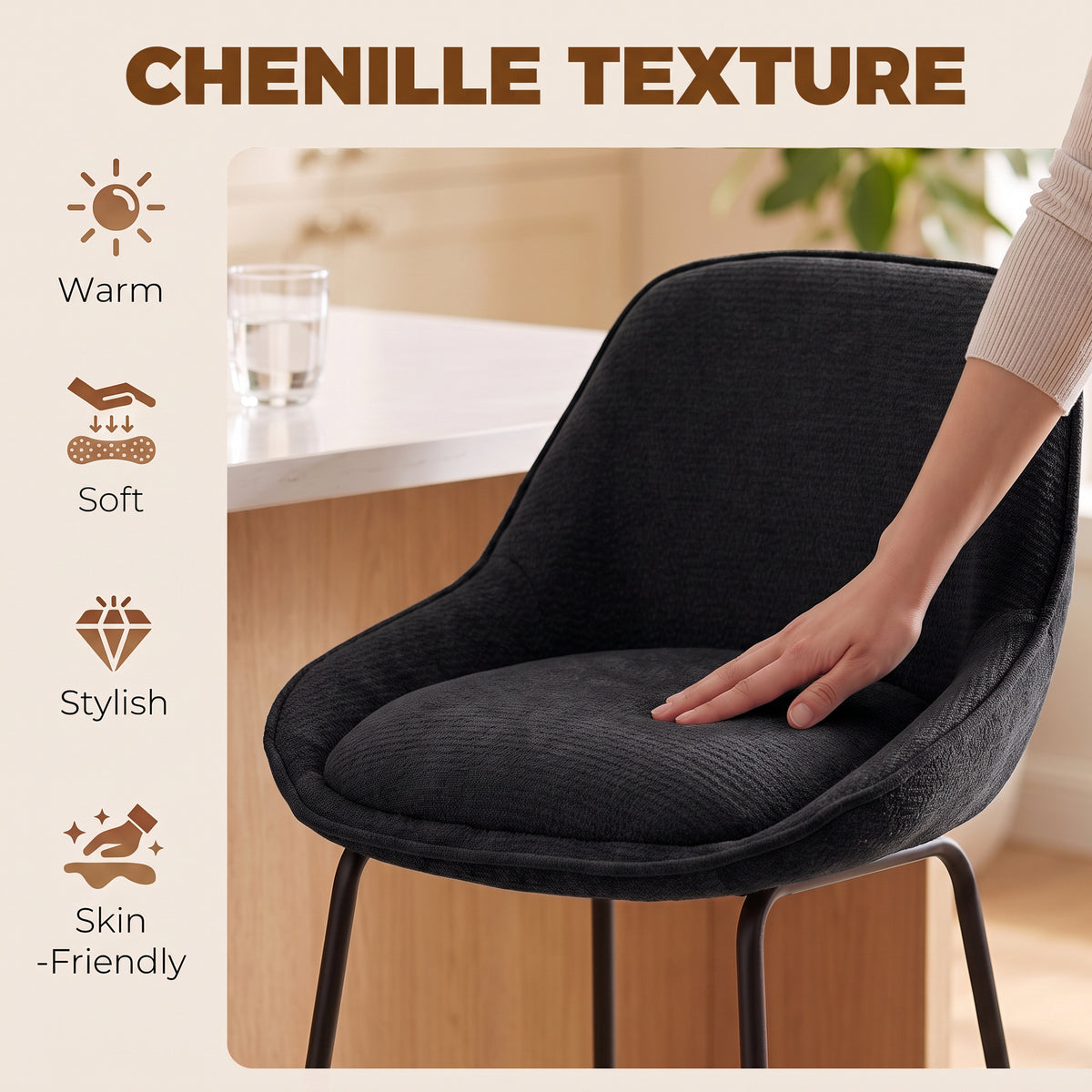 Chenille Counter Height Bar Stools with Backrest and Footrest, Set of 2