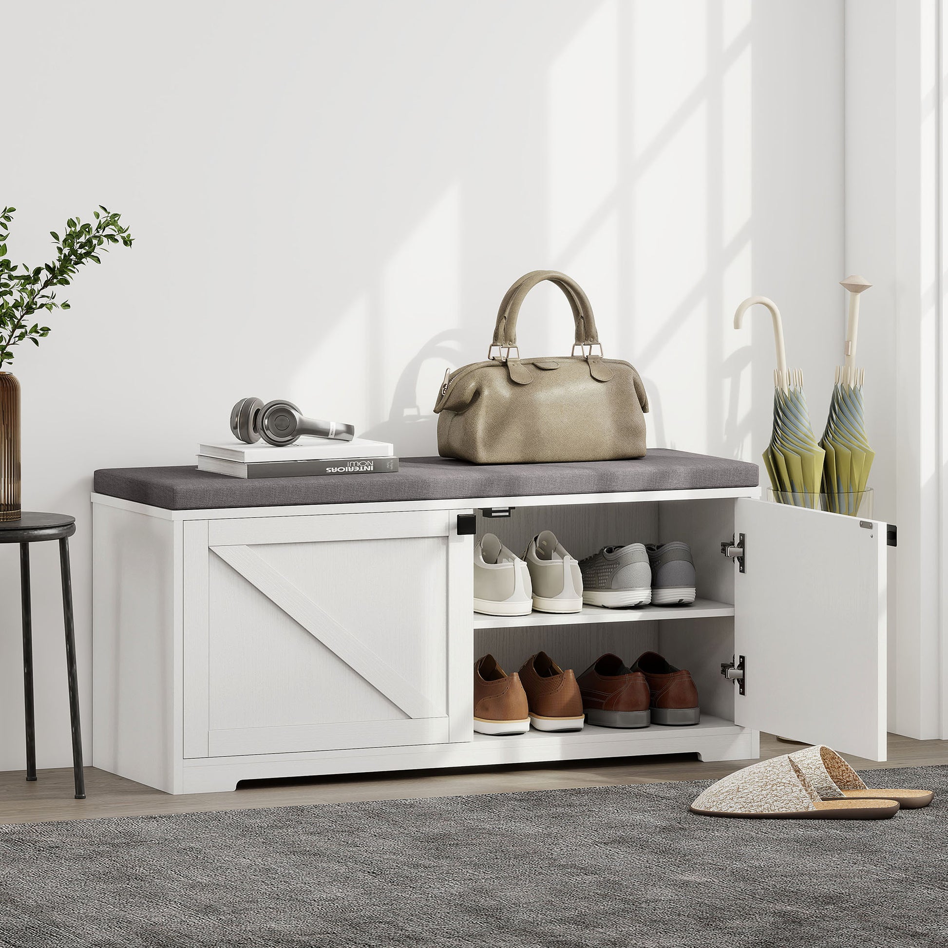 HOMCOM Entryway Shoe Storage Bench, Padded Seat, 8 Pair Organizer, White Wood Grain